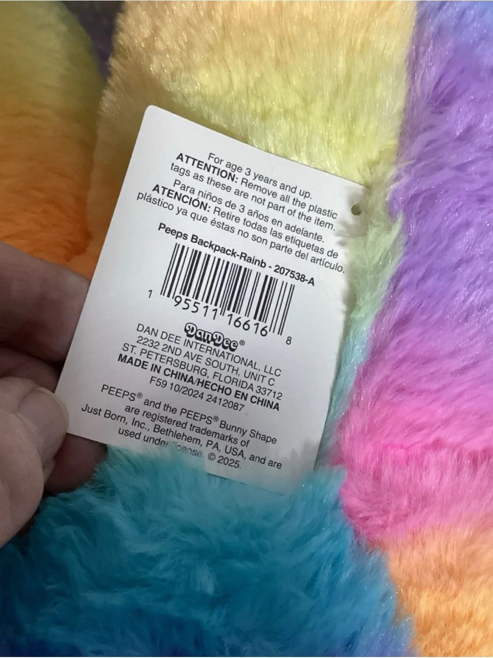Peeps 16” Rainbow Tie Dye Zipper Plush Backpack NEW Super Cute